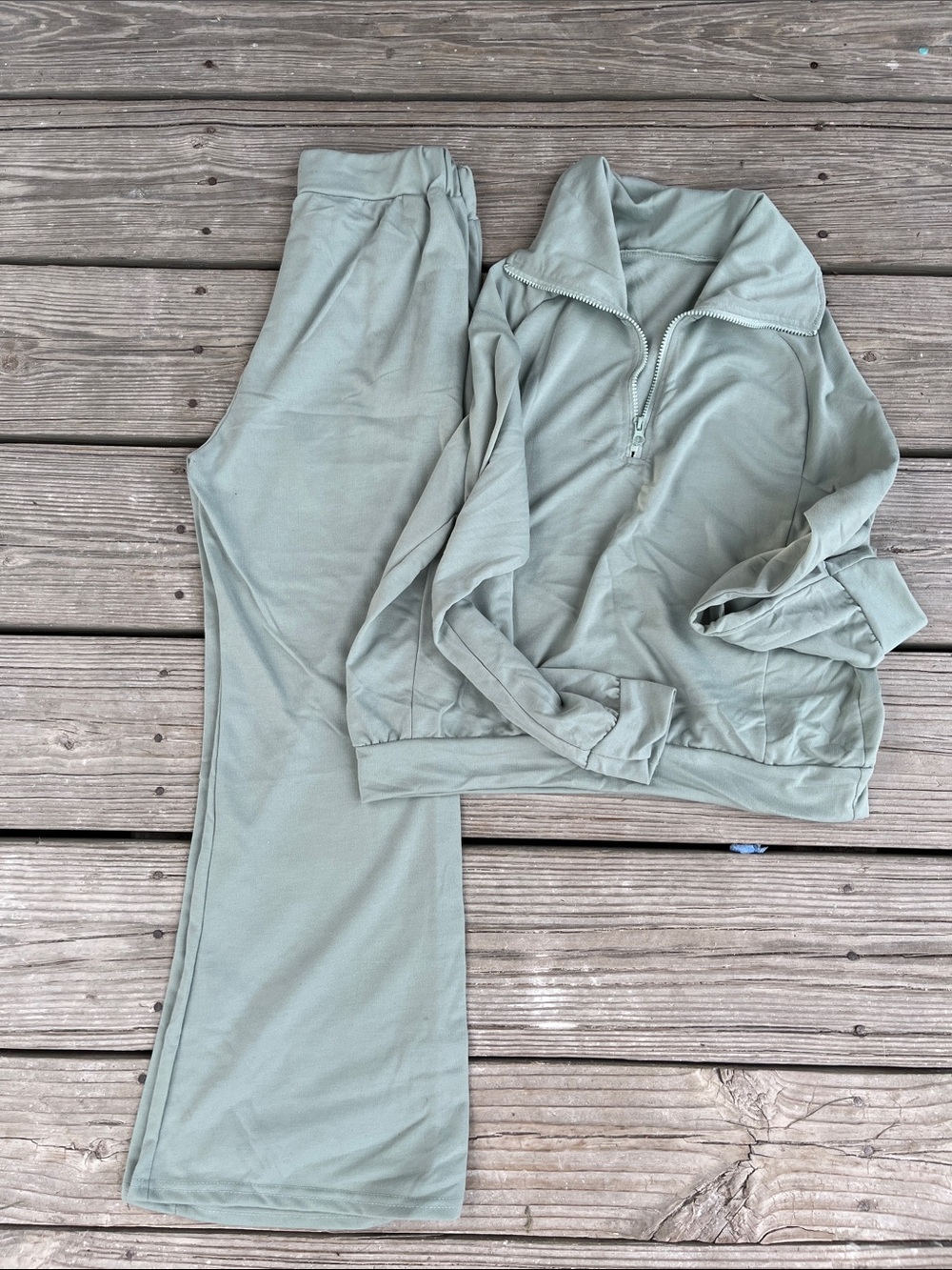 Relaxed Wide Leg Jumpsuit Set in Sage Green - Half-Zip Top & Pants